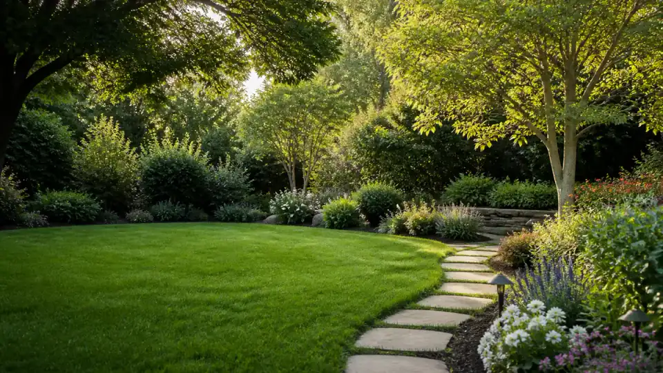 A landscaped backyard with lawn, flowers, mature trees, and a stone path