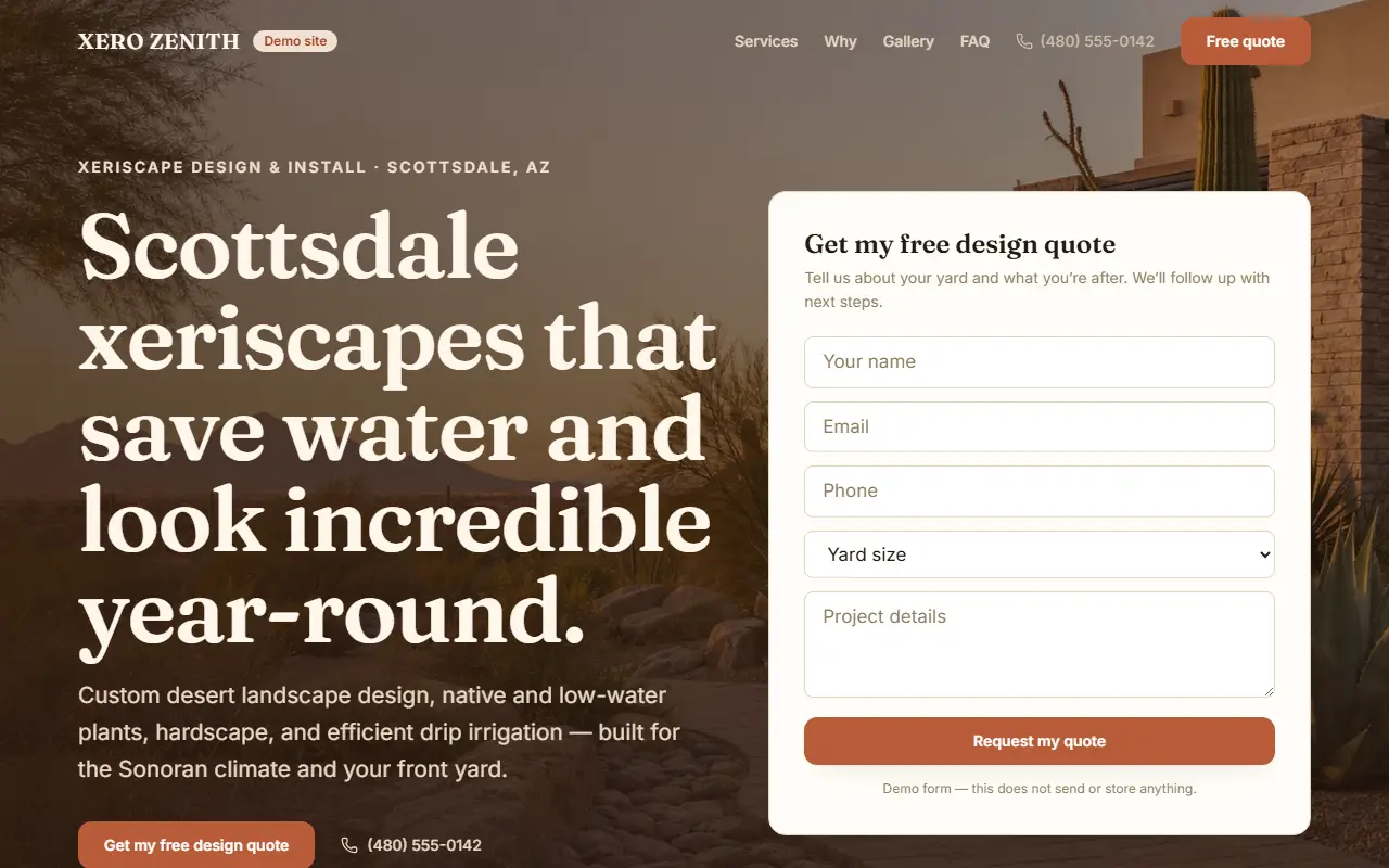 Desktop homepage of Xero Zenith, a sample landscape website built by Outrank One